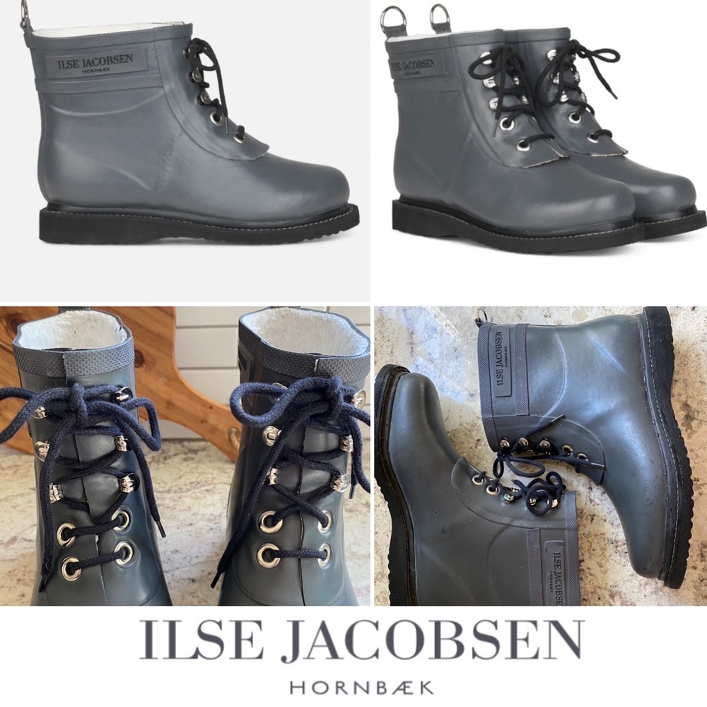 Ilse Jacobsen Denmark $215 Dark Gray Laced Rain Boot, Short EU 39 8-8.5